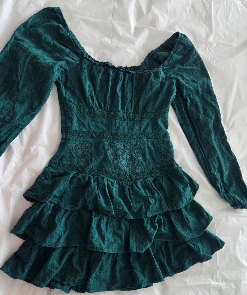Altar'd State Emerald Green Embroidered Tiered Ruffle Mini Dress Size Medium